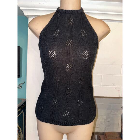 VINTAGE ANNE KLEIN BLACK POINTELLE KNIT FORM FITTING HALTER TOP S - Picture 1 of 7